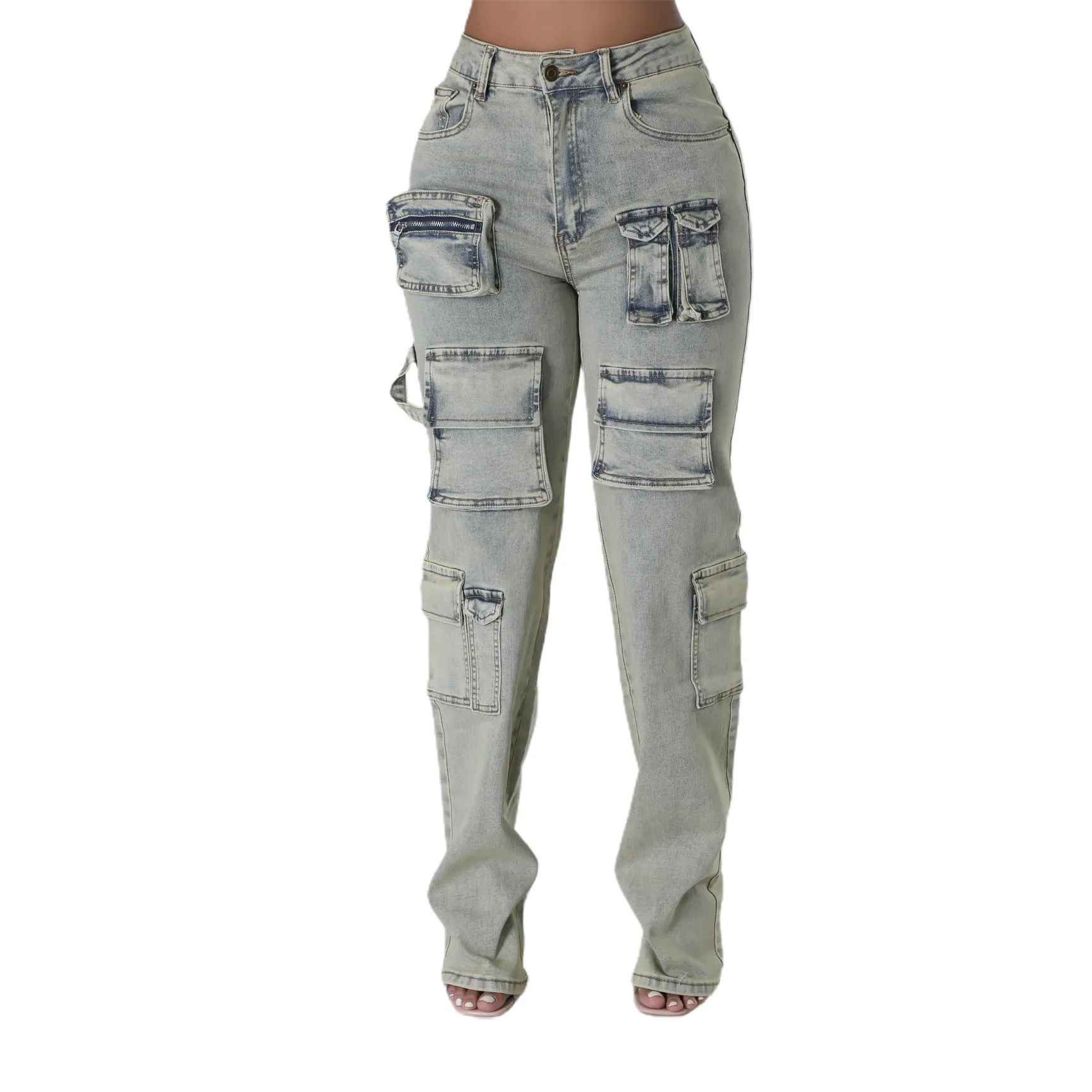 QY06062 2024 Summer Fashion Multi Pocket Denim Stretch Pants High Waist Straight Pants Streetwear Women Loose Wide Leg Jeans