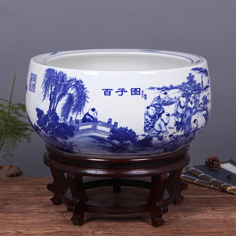 Jingdezhen Color Glaze Kiln Green Freehand Lotus Fish Pattern Wax Gourd Tank Planter Pot