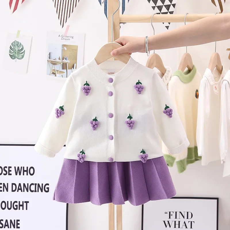 New Strawberry Grape Accessory Knitted Cute Girls Crochet Cardigan Sweater Warm Pleated Skirts 2 Piece Outfits