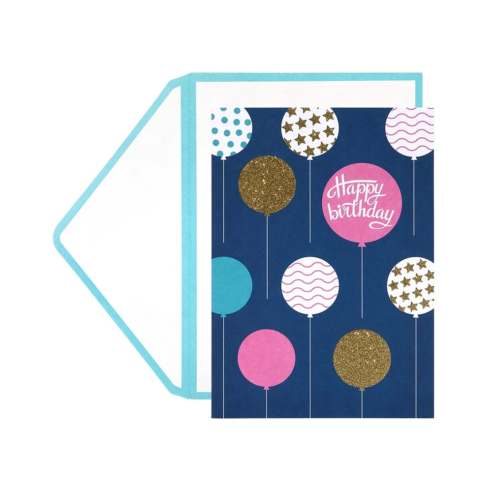 
Wholesale Custom Printing Glitter Balloon Happy Birthday Greeting Cards with Envelopes 