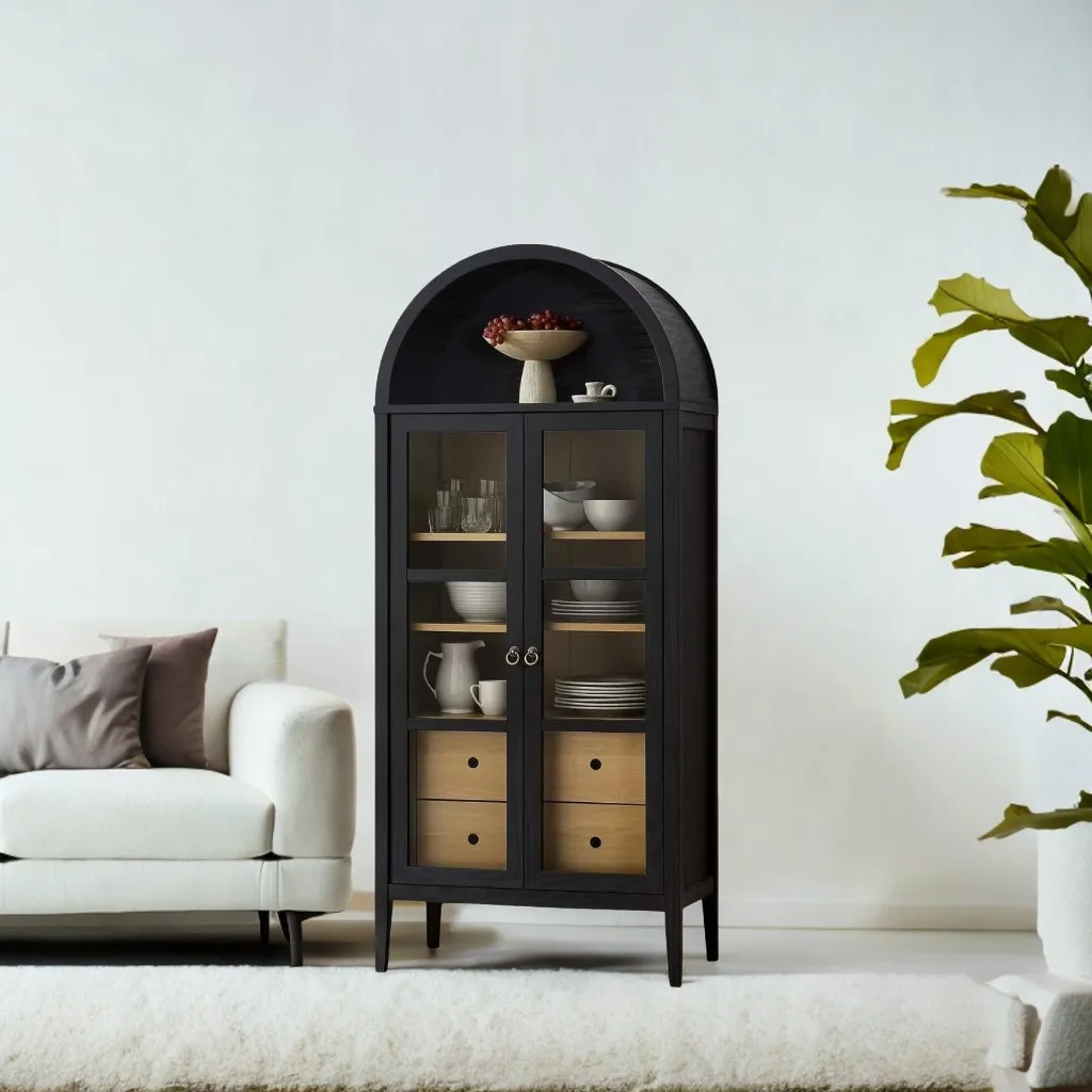 Modern Home Wooden Storage Cabinets Use Black Oak Grain Arched Storage Cabinets