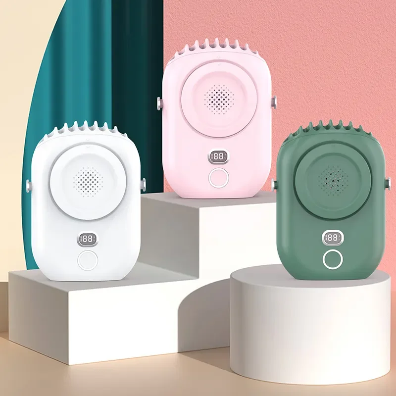 Customized Personal Wearable 3 Speeds Hanging Fan Rechargeable 2000mAh Power Bank Bladeless Portable Mini Neck Fan with Light