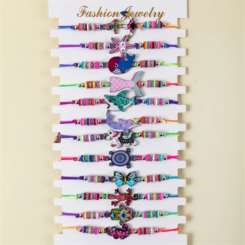 12pcs/Set Bohemian Alloy Painted Oil Soft Pottery Animal Butterfly Shark dolphin Mix style Handmade Braid Rope Chain Bracelet