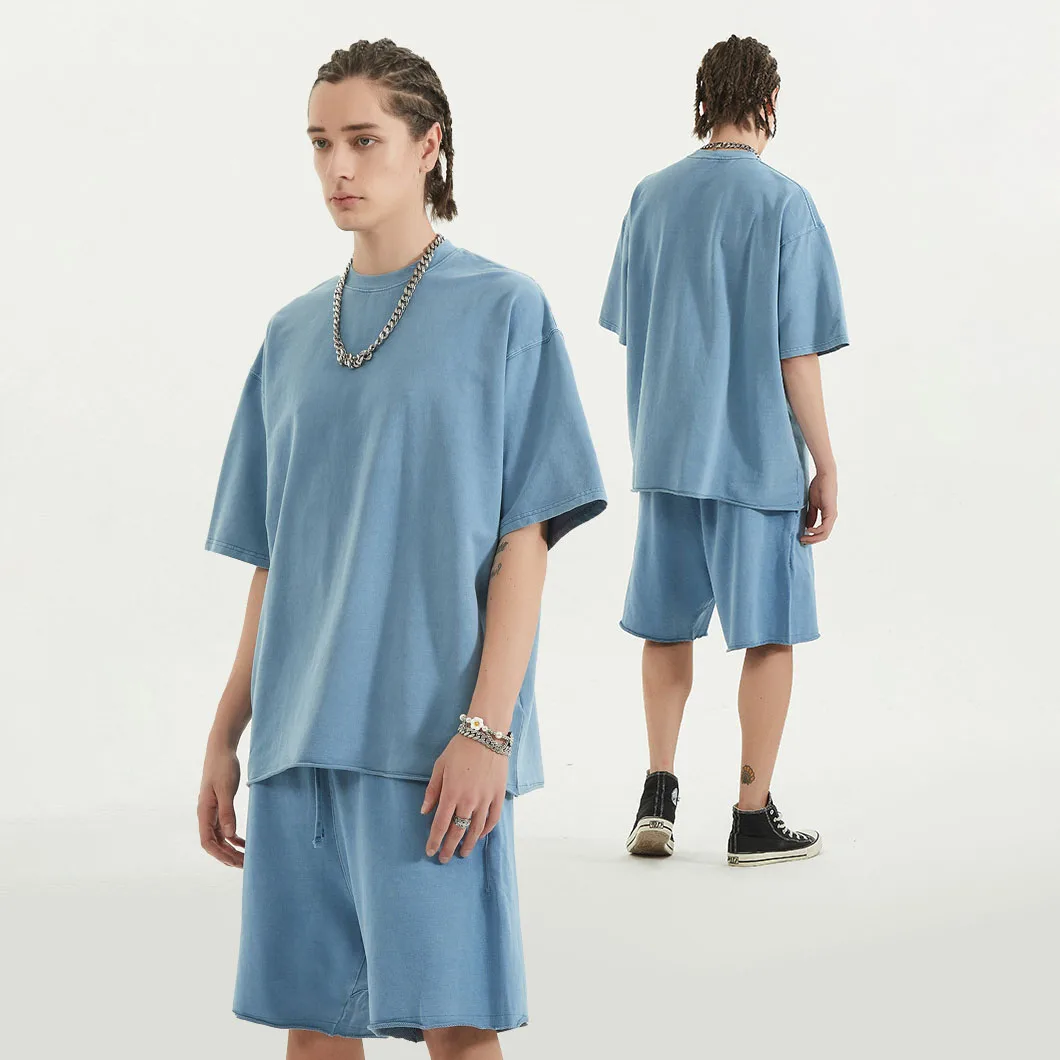 Wholesale Unisex  Custom Logo High Quality Street Wear Vintage Washed  Casual Pocket Plus Size T Shirt And Short Set For Men