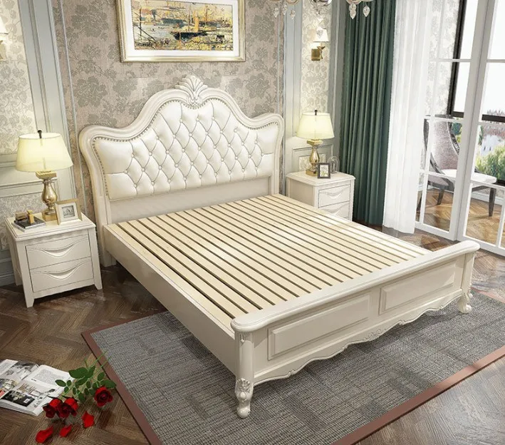 European Luxurious Solid Wood Frame King Size Tufted Button White Leather Headboard Bed