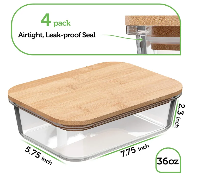 W40 Glass Food Storage Containers with Bamboo Lids Eco Friendly Containers Airtight, BPA Free Borosilicate Glass container
