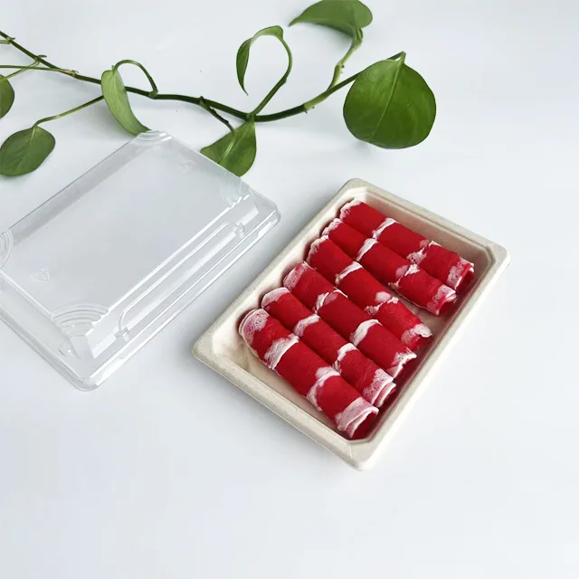 PLA coating bagasse sushi tray biodegradable food tray with PET lid take away