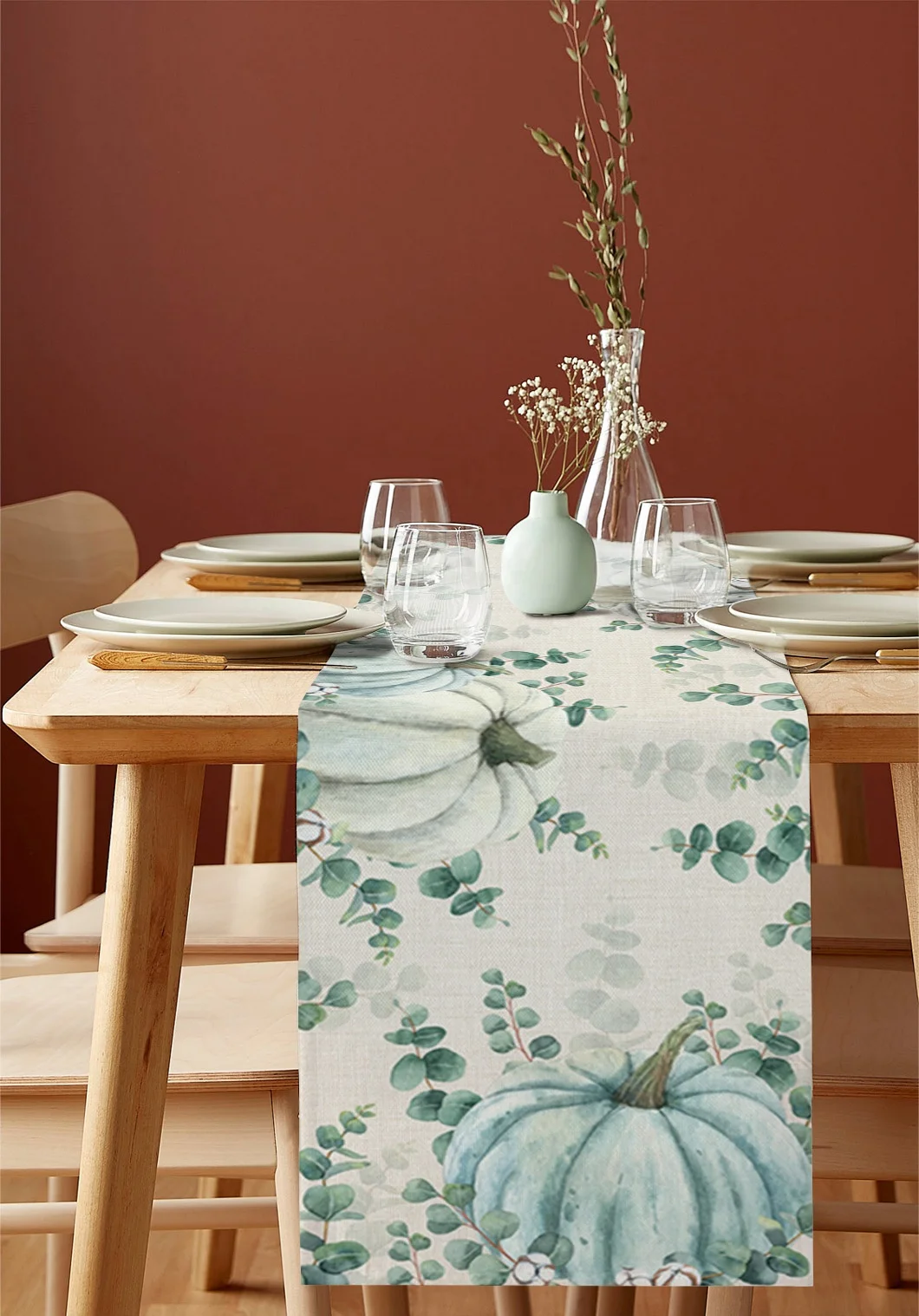 Amazon Supplier Autumn Teal Colored Pumpkins Table Runner Harvest Fall Dining Table Decoration