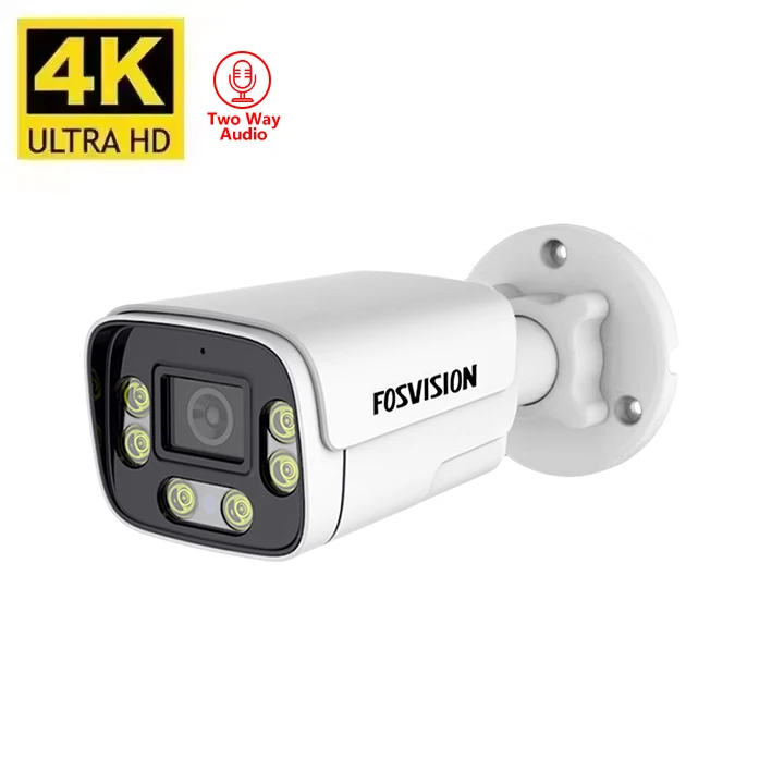 Fosvision 8mp 4K Poe Ip Camera full color Night Vision Outdoor Ir Security Waterproof Bullet Cctv Camera 265 Two Way Audio