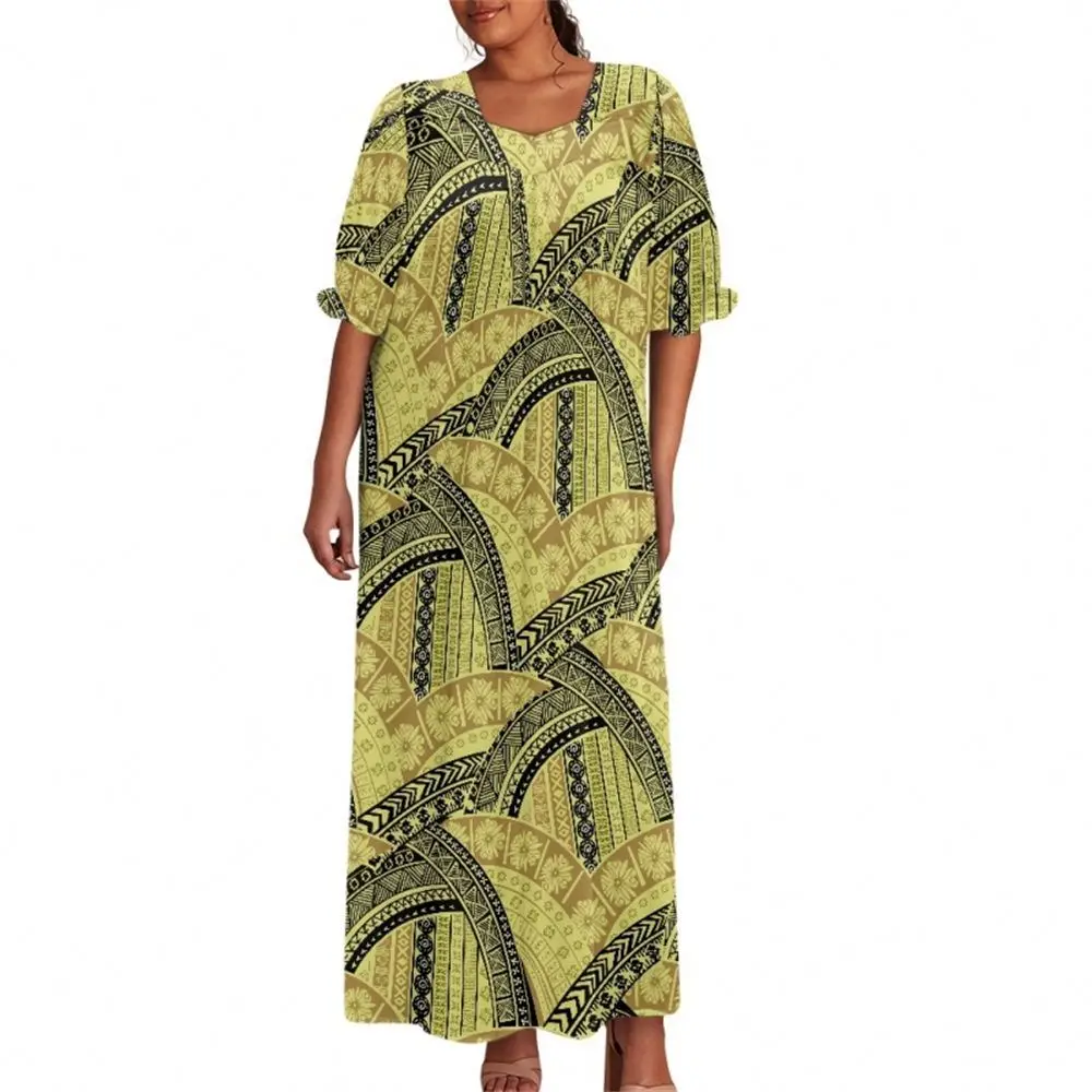 Dropship Oem Women Square Brown Neck Puff Short Sleeve Maxi Dress Delicate Allover Flowers Printing Prom Dress For Lady