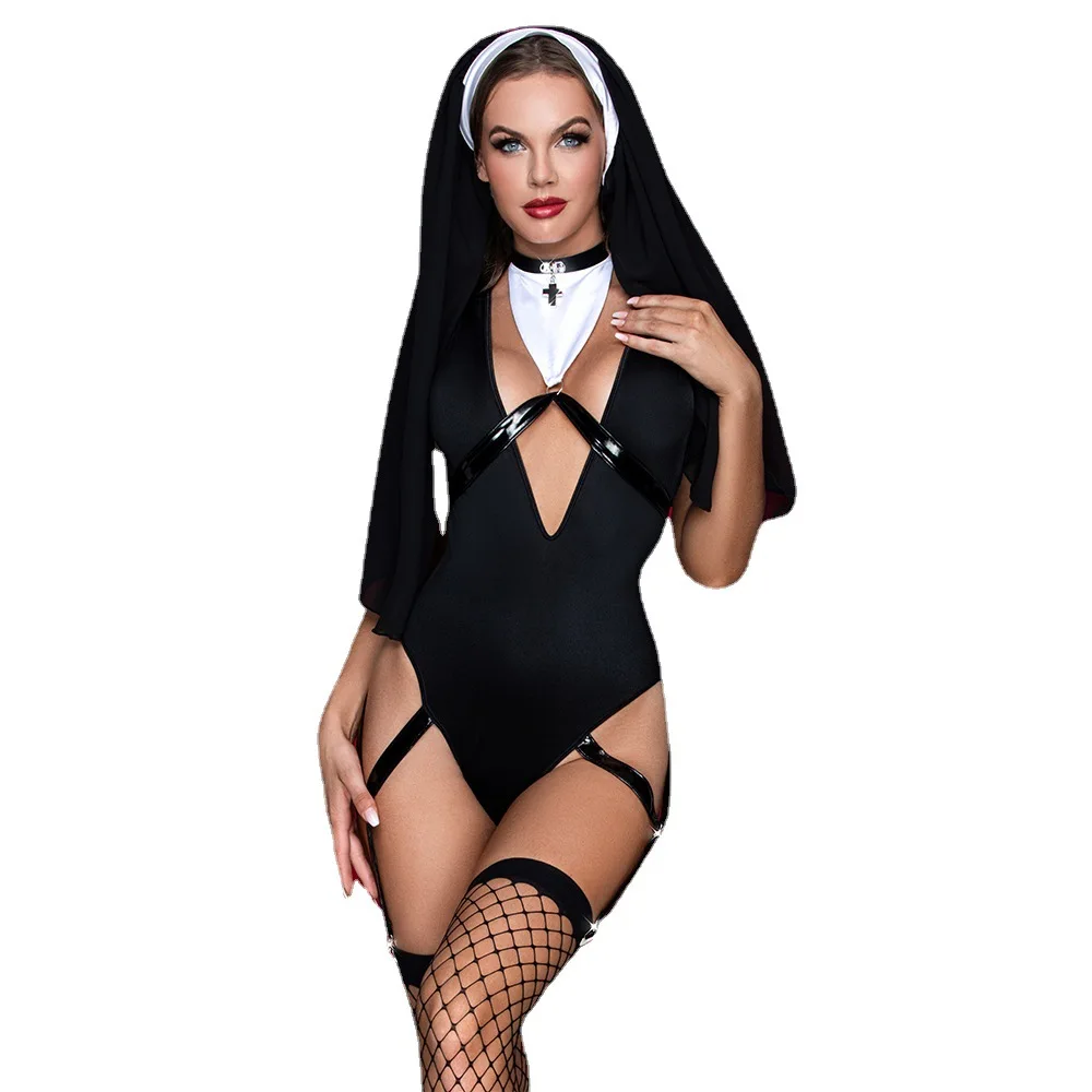 China Hot Selling Halloween Party One Piece Black Mesh Deep v Sexy Nun Costume Lingerie