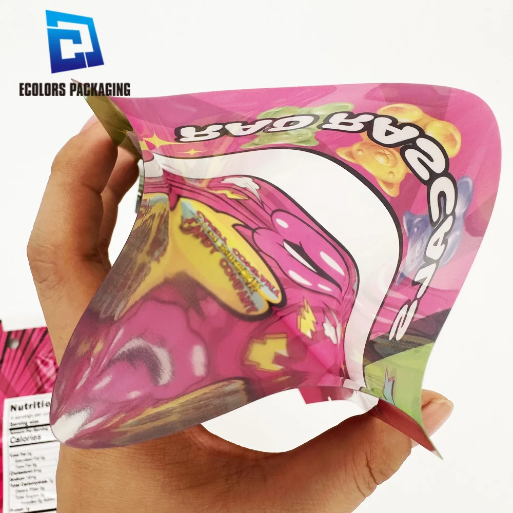 wholesale low moq recyclable custom printed heat sealing sugar sweet candy plastic bag 3 side seal flat pouches with window