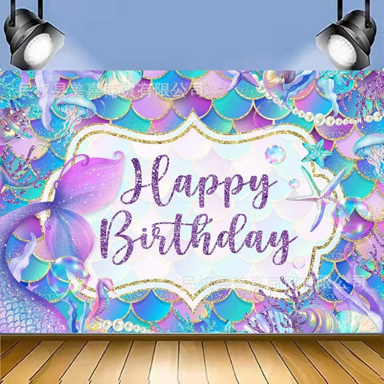 Hstyle Mermaid Backdrop Under The Sea Birthday Themed Photography Background for Girl Princess Birthday Party Cake Table Decors