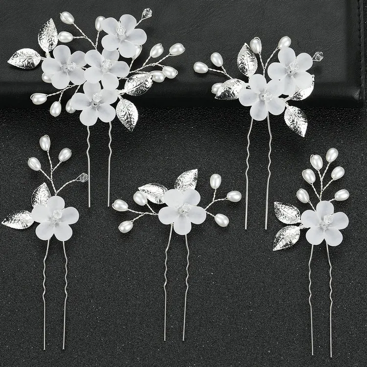 Qushine Fashion gold  White Flower Hair Pin Bridal Handmade Hair Pin set Wedding Hair Jewelry