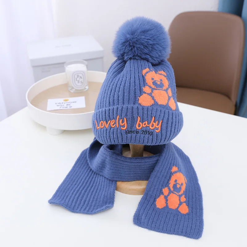 Custom Logo Winter 2Pcs/set Children Little Bear Beanie Scarf Set 100% Wool Jacquard Knitted Long Plain Plush Fur Pom Pom Kids
