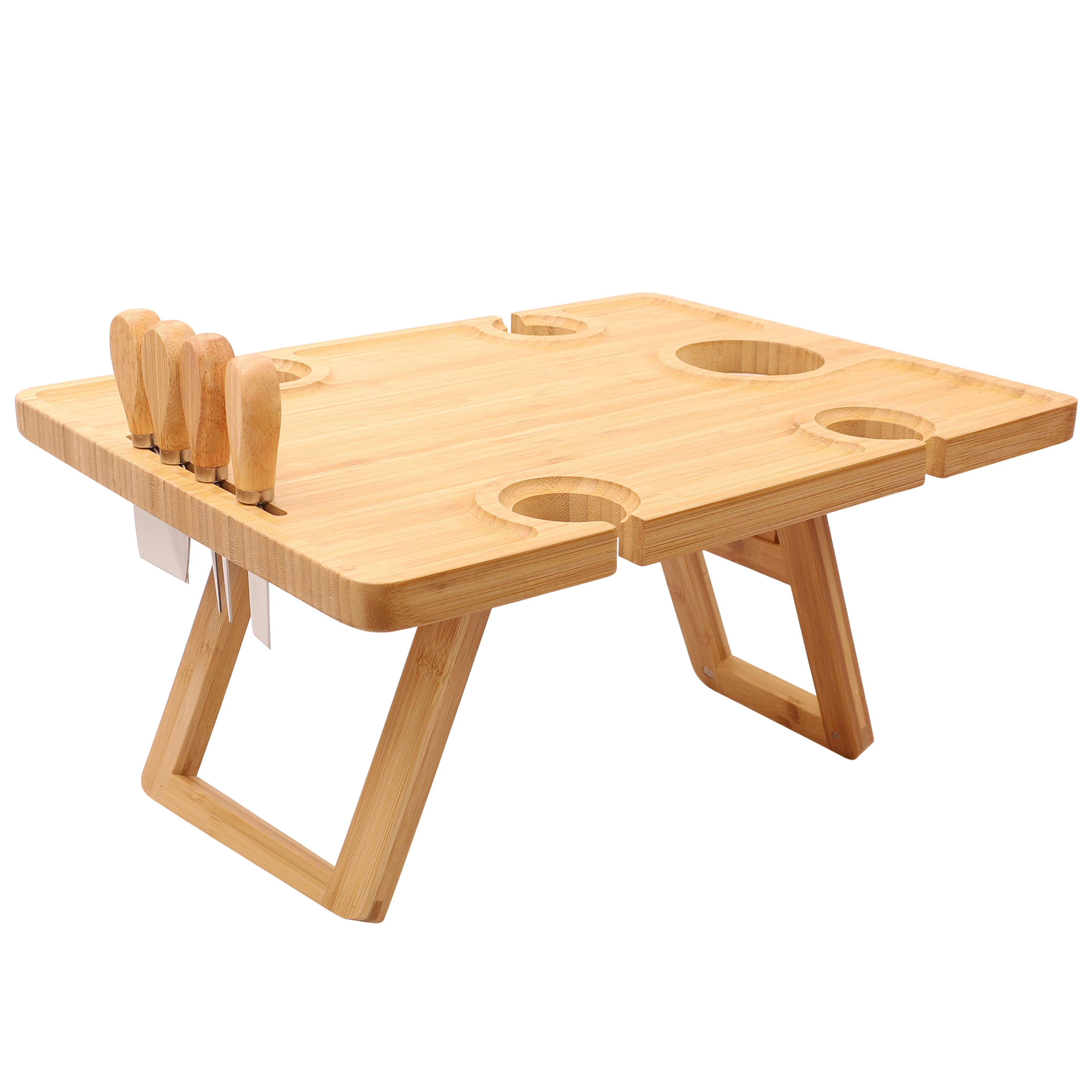 Stock Wholesale Portable Foldable Bamboo Laptop Desk Snack Table with 4 Wine Glass Holders Bed Beach Camping Picnic Wine Table