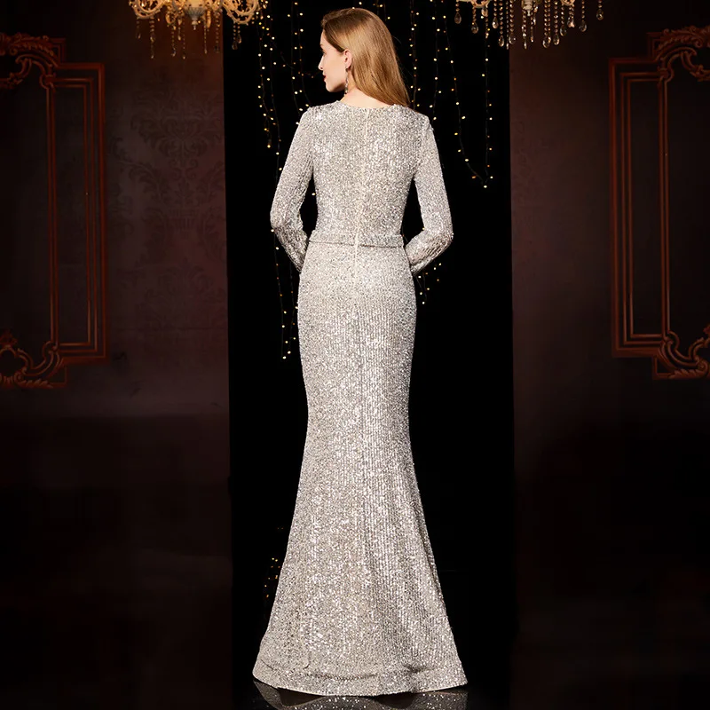 High end ladies sparkling long sleeve long sequined mermaid party dressing evening gowns dropshipping fullfill
