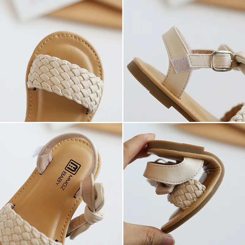 Western style girls woven sandals summer sweet bow board shoes soft bottom beach artificial leather sandals