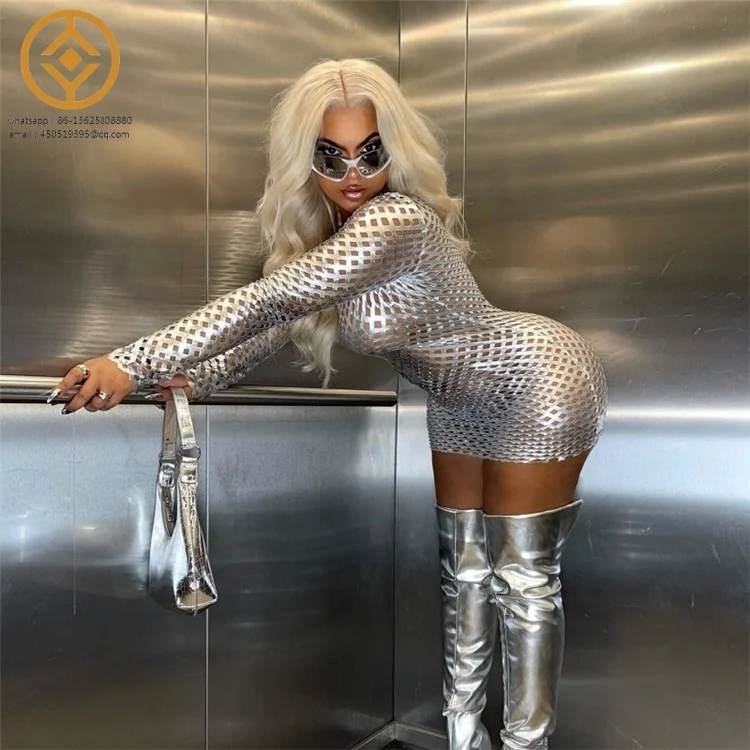 H8423C Metallic Shiny Silver Hollow Out Mini Dresses Women Sexy See Through O-Neck Long Sleeve Bodycon Dress 2023 Nightclub