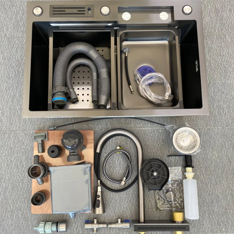 Nano Knife Holder Cup Washer Multifunction Waterfall Faucet Outdoor Kitchen Sink Modern Smart 304 Stainless Steel Sink Kitchen