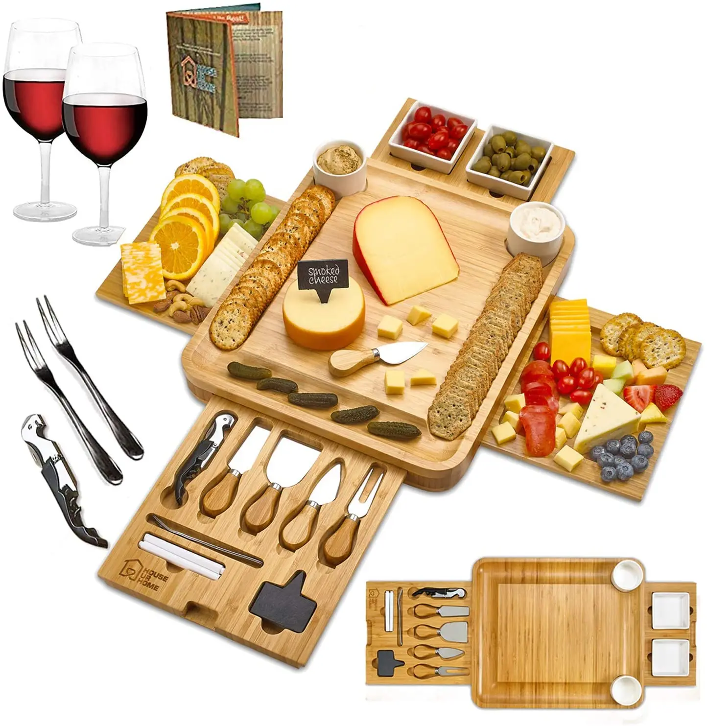Combohome Cheese Board 2 Ceramic Bowls 2 Serving Plates Magnetic 4 Drawers Bamboo Charcuterie Cutlery Knife Set 2 Server Forks