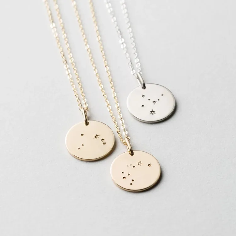 elegant custom astrology sign jewelry 925 sterling silver PVD gold plated zodiac coin necklace wholesale