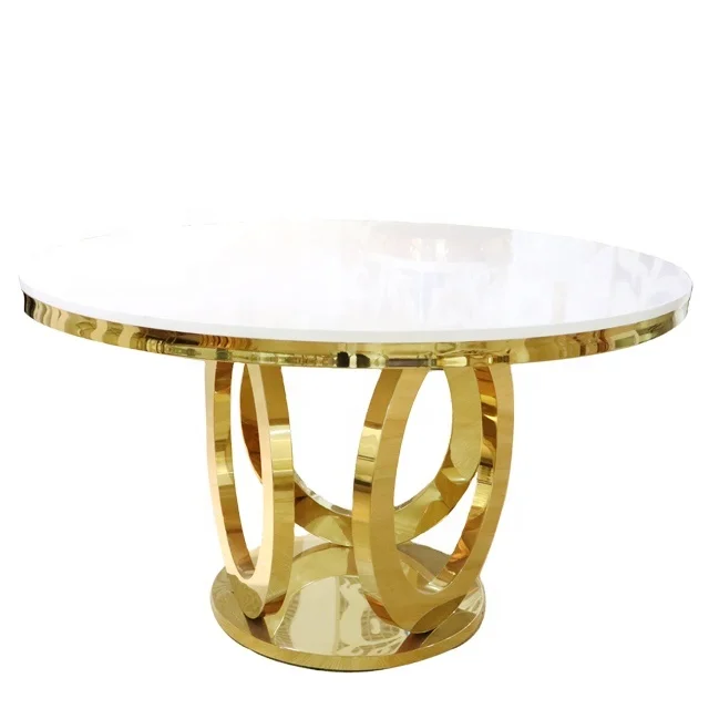 Роскошный круглый золотистый Свадебный мраморный стол из нержавеющей стали, круглый обеденный стол
