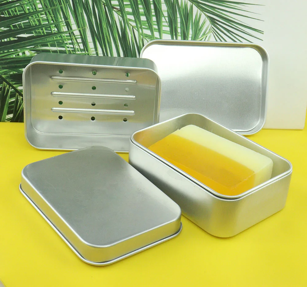 Bathroom Drain Layer Soap Dish Rectangle Custom Logo Empty Container Aluminium Soap Tin Case Box with Lid