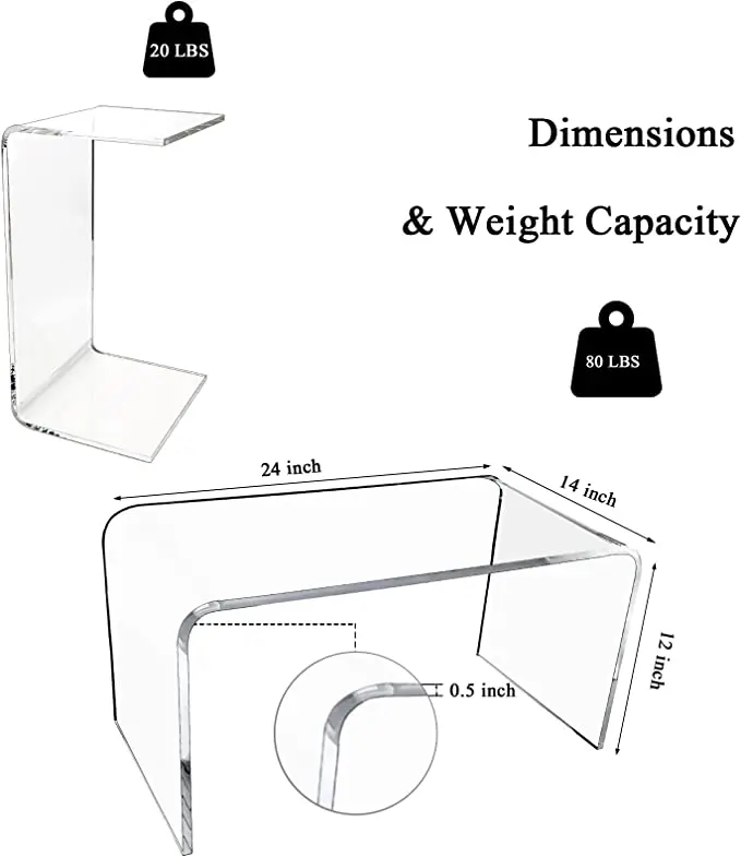 Clear Bedroom  Multipurpose Small C-Shape End Table Bed Desk Laptop Table for Living Room Acrylic Side Table