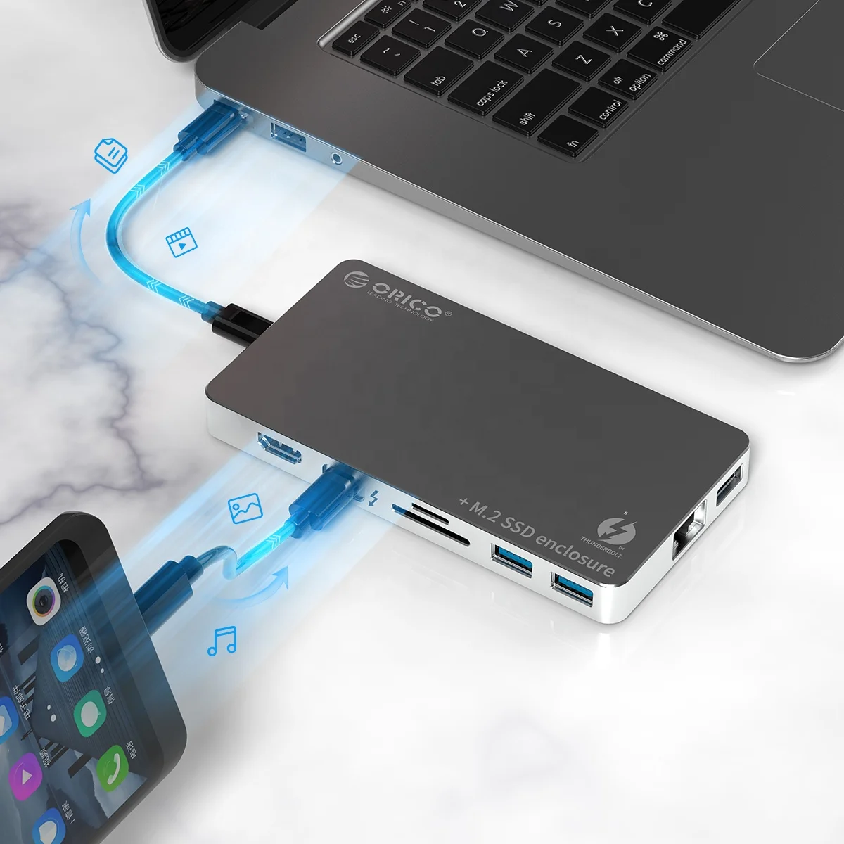 OEM ODM Support 9 In 1 Multi Port H D M I TF/SD Card 40Gpbs Dual Thunderbolt 3 Adapter NVMe SSD Enclosure Docking HUB OTB-01