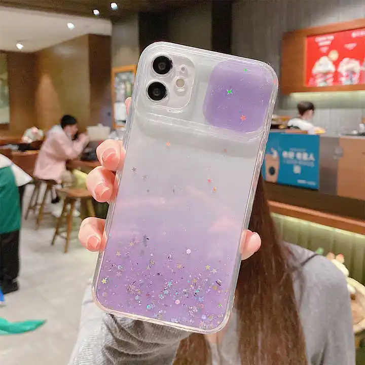 Transparent Glitter Gradient Shockproof Sliding Camera Lens Phone Case For iPhone 14 13 pro max Soft Lens Protection Back Cover