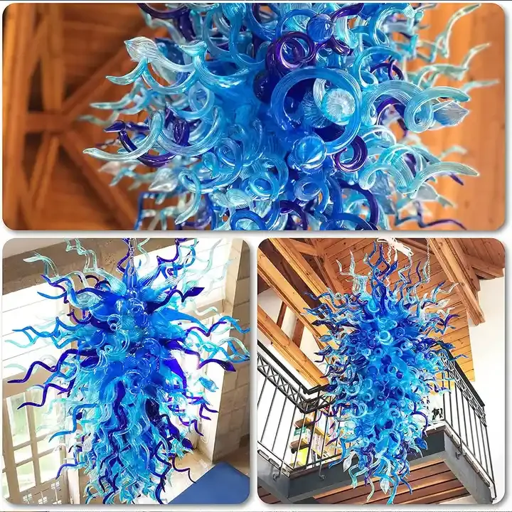 Customized Hotel Pendant Light Blue Colored Modern Luxury Art Blown Glass chihuly style unique design large glass chandelier