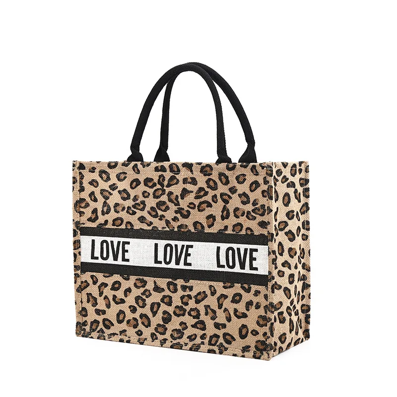 Women Summer Luxury Jute Handbag Beach Tote Vintage Leopard Printing Shopping Tote Daily Use Female Leopard Should Bag Purse