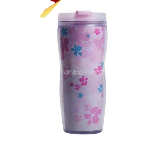 Top Seller 12oz Double Layer Reusable Plastic Cup Cute Pink Cherry Blossoms Print Pink Drinking Cups With Lids