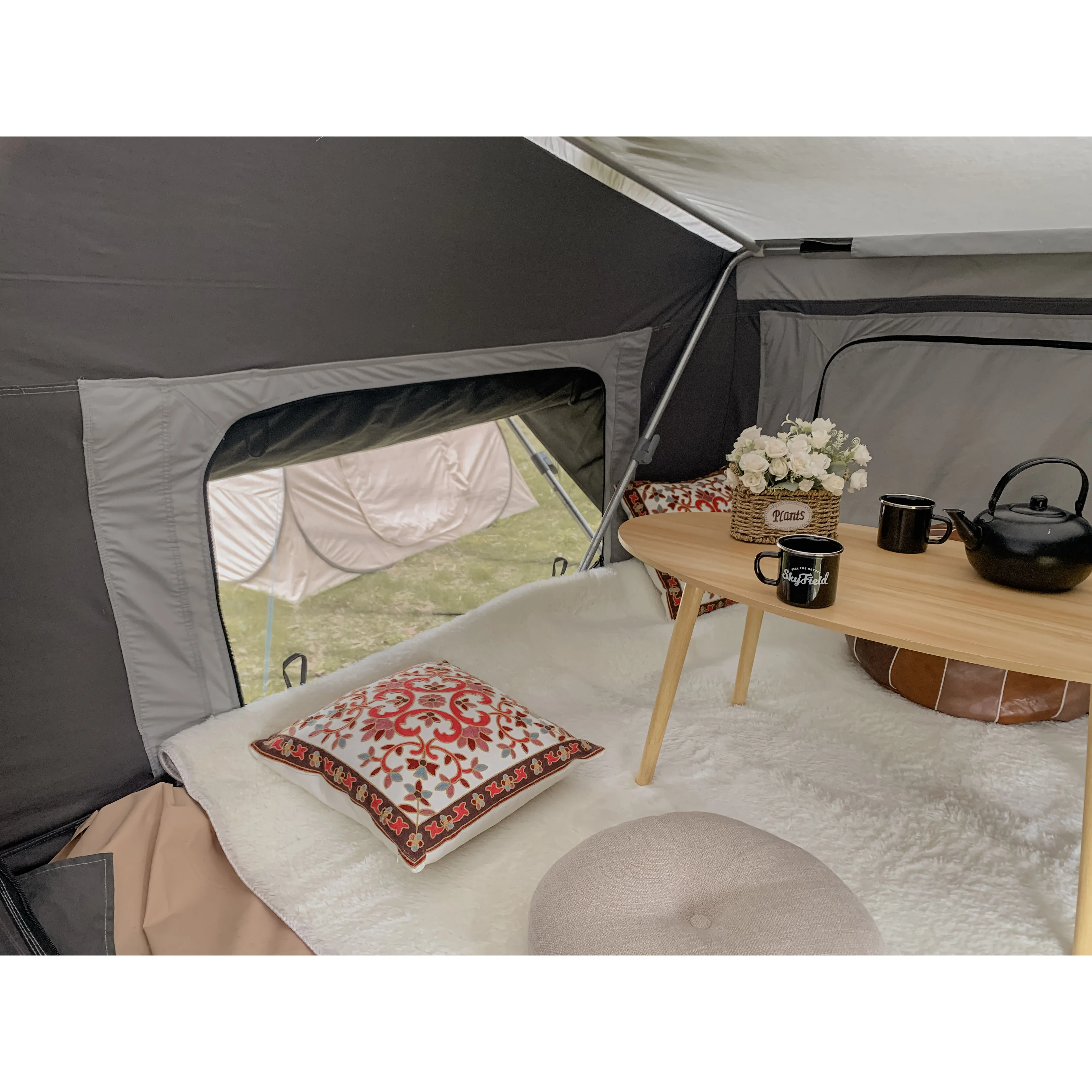 Custom 280gsm cotton canvas luxury tent trailer 3 4 person camper trailer tents camping waterproof outdoor tents