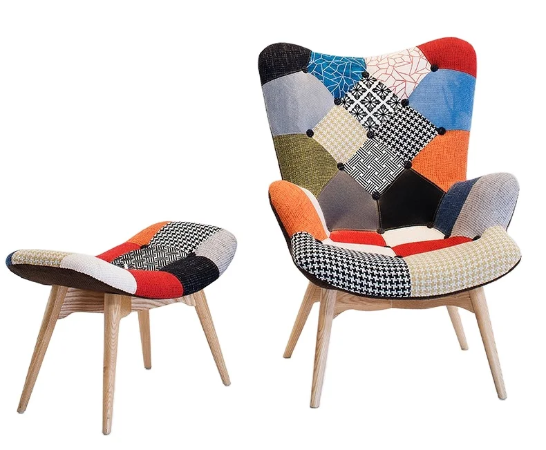 Nordic comfortable fabric sofa chair lounge chair for living room bedroom with foot rest patchwork chair