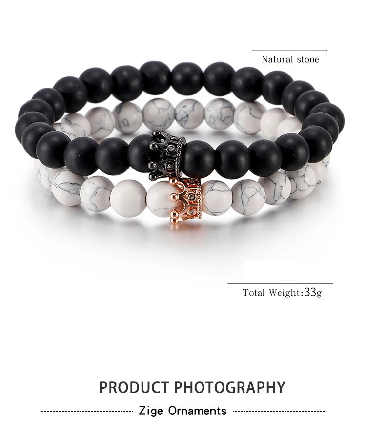 fashion jewelry wholesale  copper crown and natural stone simple couple bracelet leather