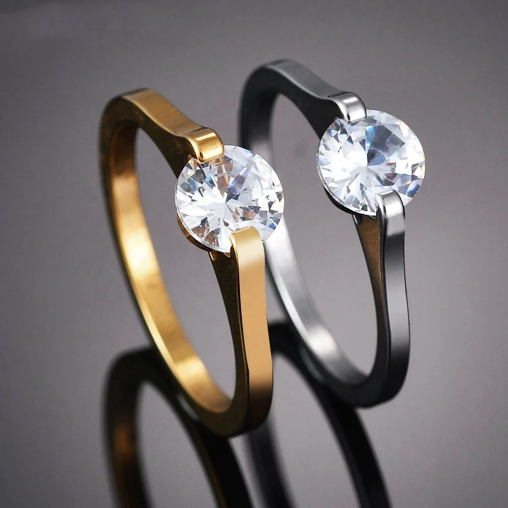 2MM Wedding Band Dainty Engagement Ring Stainless Steel Single Gemstone Ring