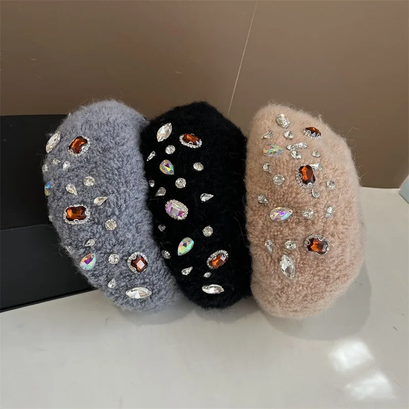 Модные женские береты, модные блестящие украшения, бриллиантовый шерстяной кашемировый берет со стразами для ужина