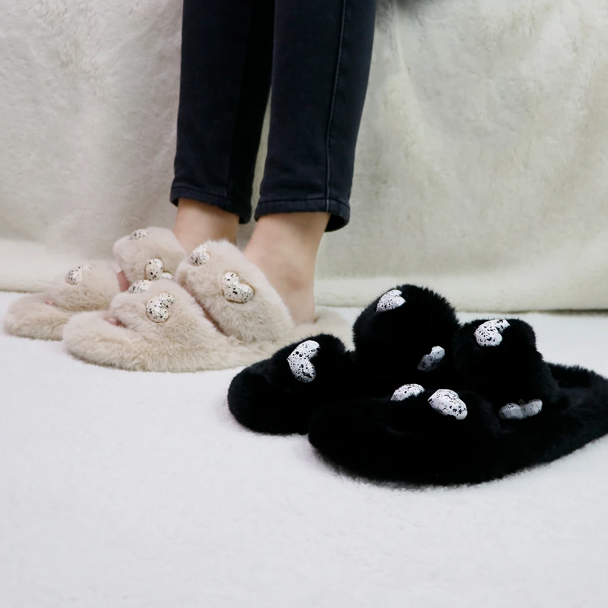 2022 OEM Custom Winter Warm Indoor Bedroom Slippers With Your Logo Heart-shaped Real Fox Fur Slides For Women