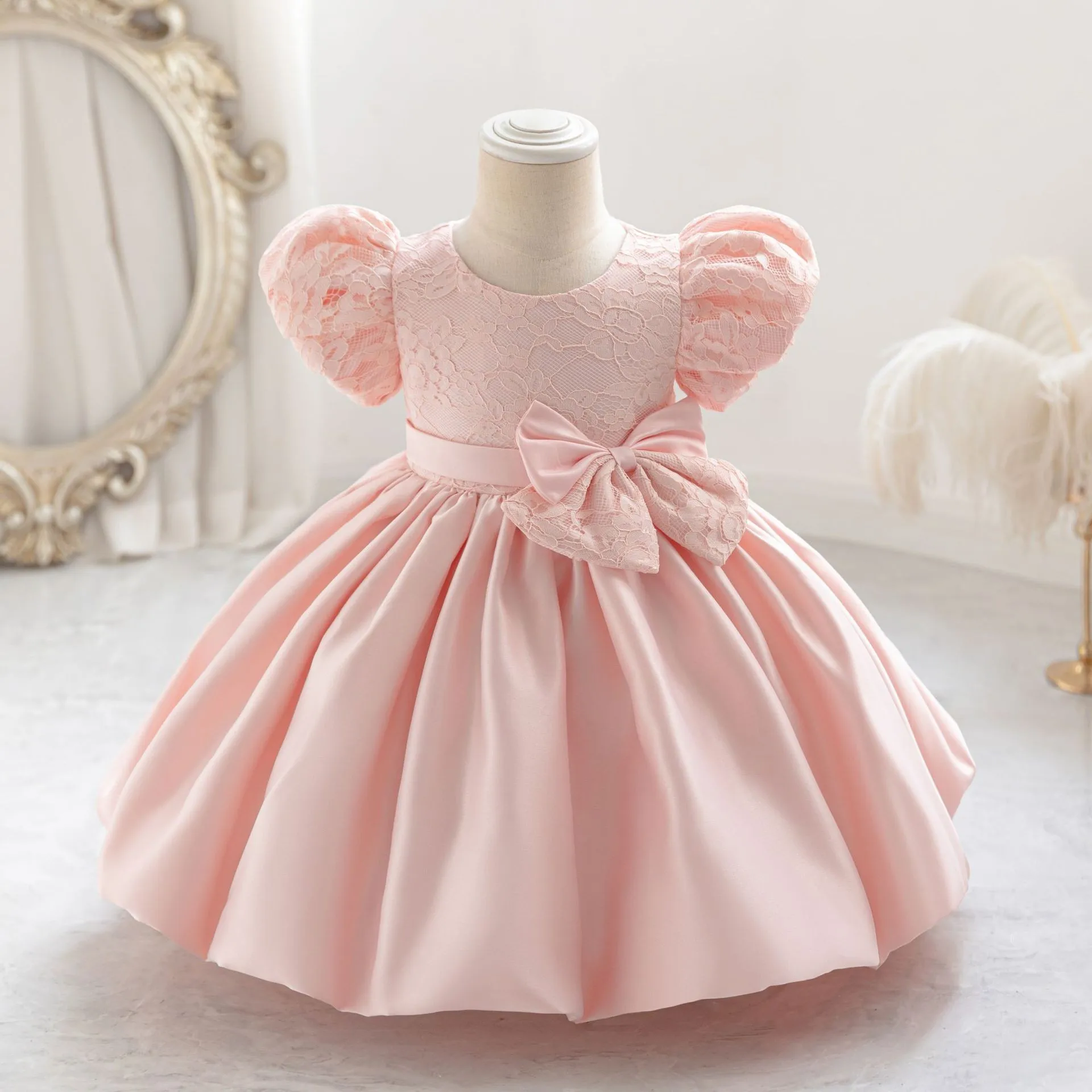 Children Dress Models Kids Clothing Baby Flower Girl Short Sleeves Birthday Party Green Dress