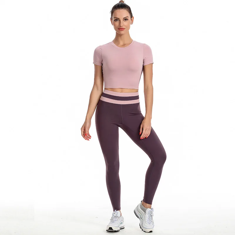 
Dropshipping 2021 new fitness sports short sleeved T-shirt top high waist leggings set Fitness biker pants yoga set for women 