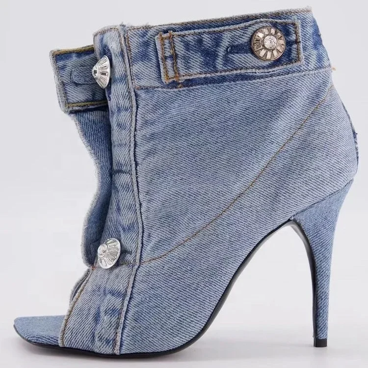 Summer Square Open Toe High-Heeled Short Boots Denim Ankle Booty Women Stiletto Sandals Front Buckles Jeans Shoes