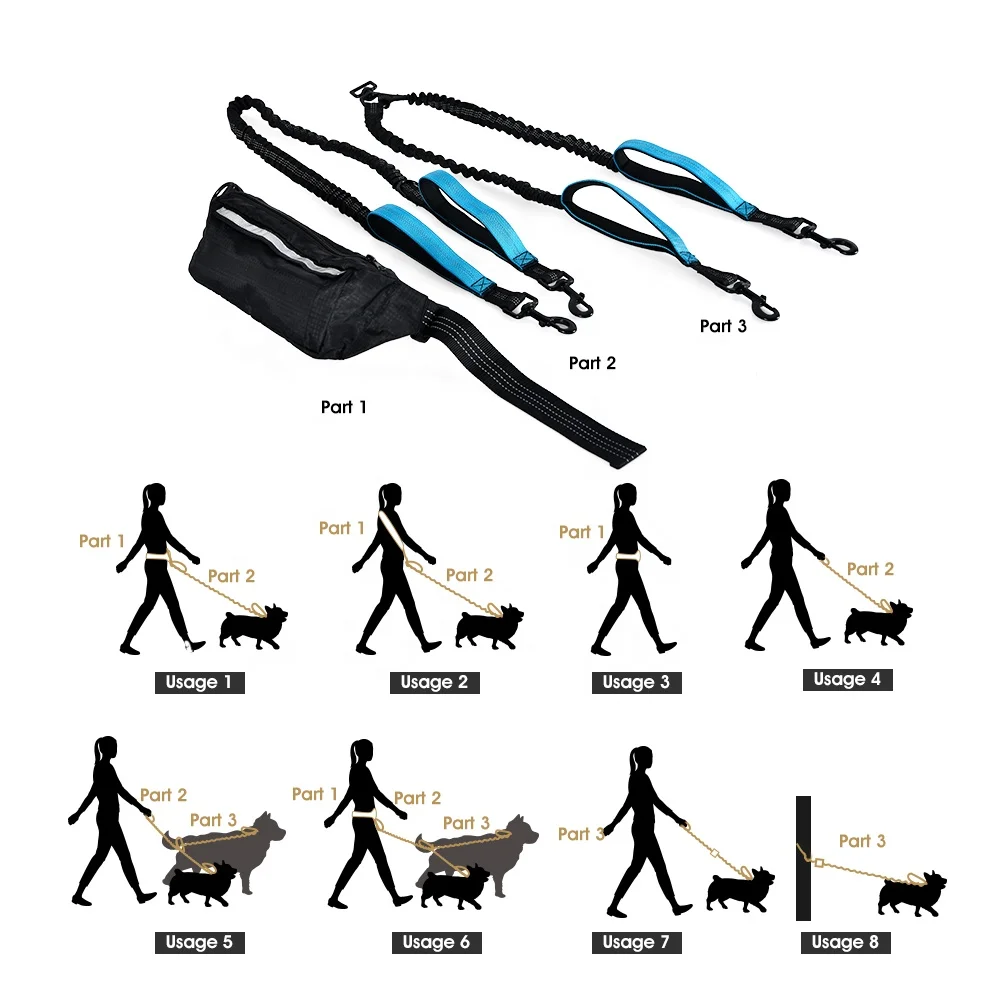 Dropshipping Hands Free Waist Bag Shock Absorption Reflective Retractable Double Pet Dog Leash