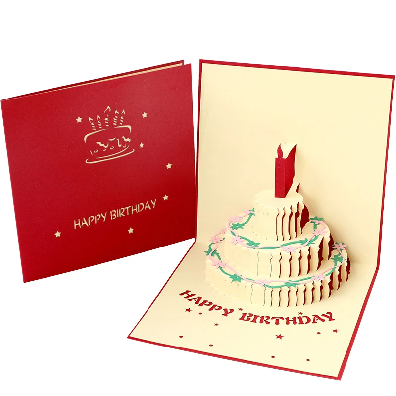 
Birthday greeting card cake pop up card handmade gift card red cover 