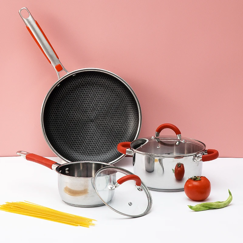 Cookware Set 3 Piece Stainless Steel Nonstick pot Set Honeycomb Coated Frying Pan with Stainless Steel Milk Pot Soup Pot