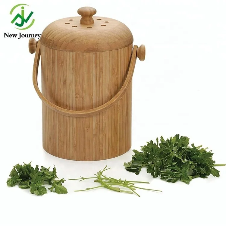 Wooden Dustbin Rubbish Bin Round Foot Pedal Garbage Food Waste Pail 3-Quart Bamboo Compost Pail For Kitchen