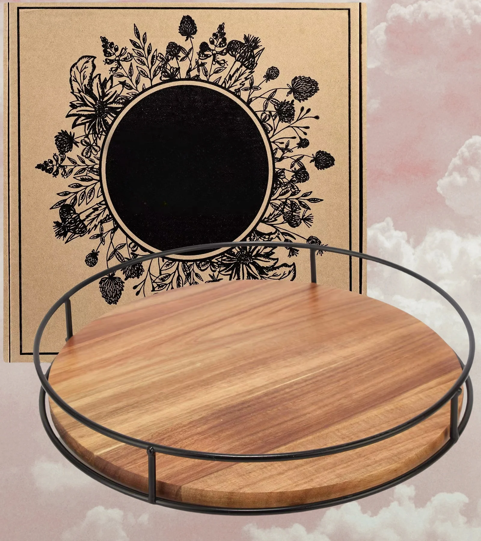 Wooden Lazy Susan Turntable Organizer Artistic Wood Round for Table with Sturdy Black Steel Bar 360 Degree Smooth Rotating