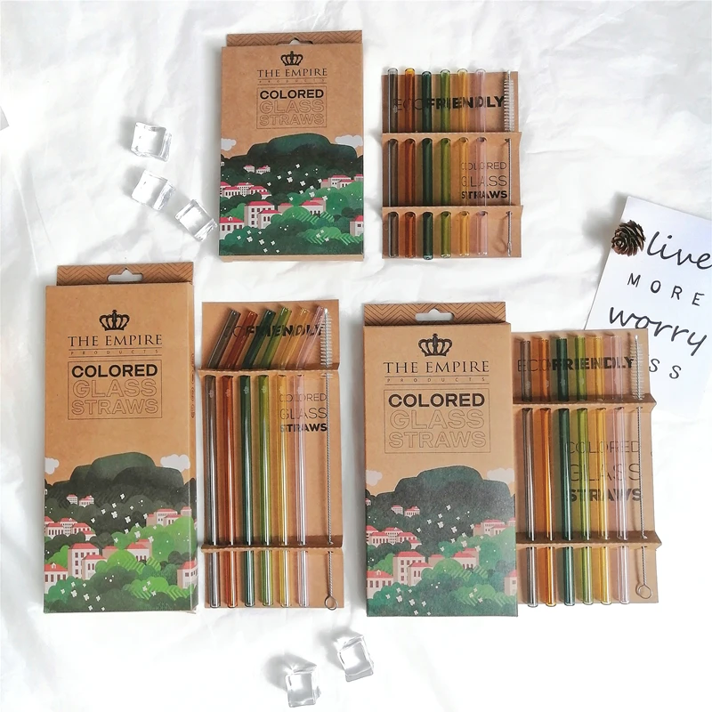 cocktail Straw Reusable Drinking Glass with straw Brush High Borosilicate Glass Straw 6+1 wine set