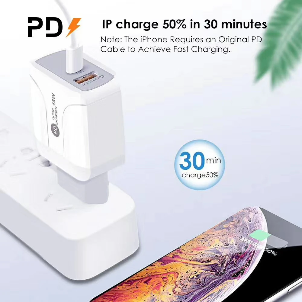 PD QC3.0 18 Вт 2 порта быстрое зарядное устройство IP 50% в минуту изысканный дизайн упаковки для мобильных